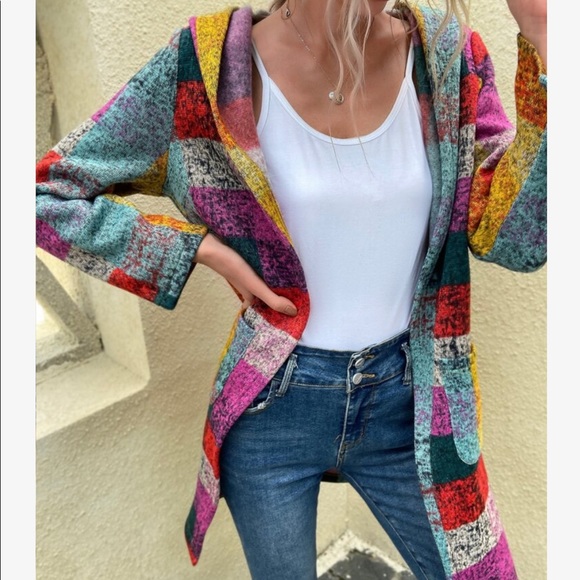 Cozy Boho Plaid Color Block Pocket Hoodie Hooded Coat Jacket Vibrant Colorful - Picture 6 of 8